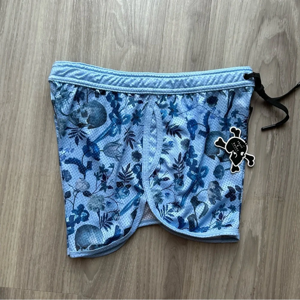 Skull & Bones | Hand Painted Dutch Floral Mesh Shorts in Sky Blue (Small)
